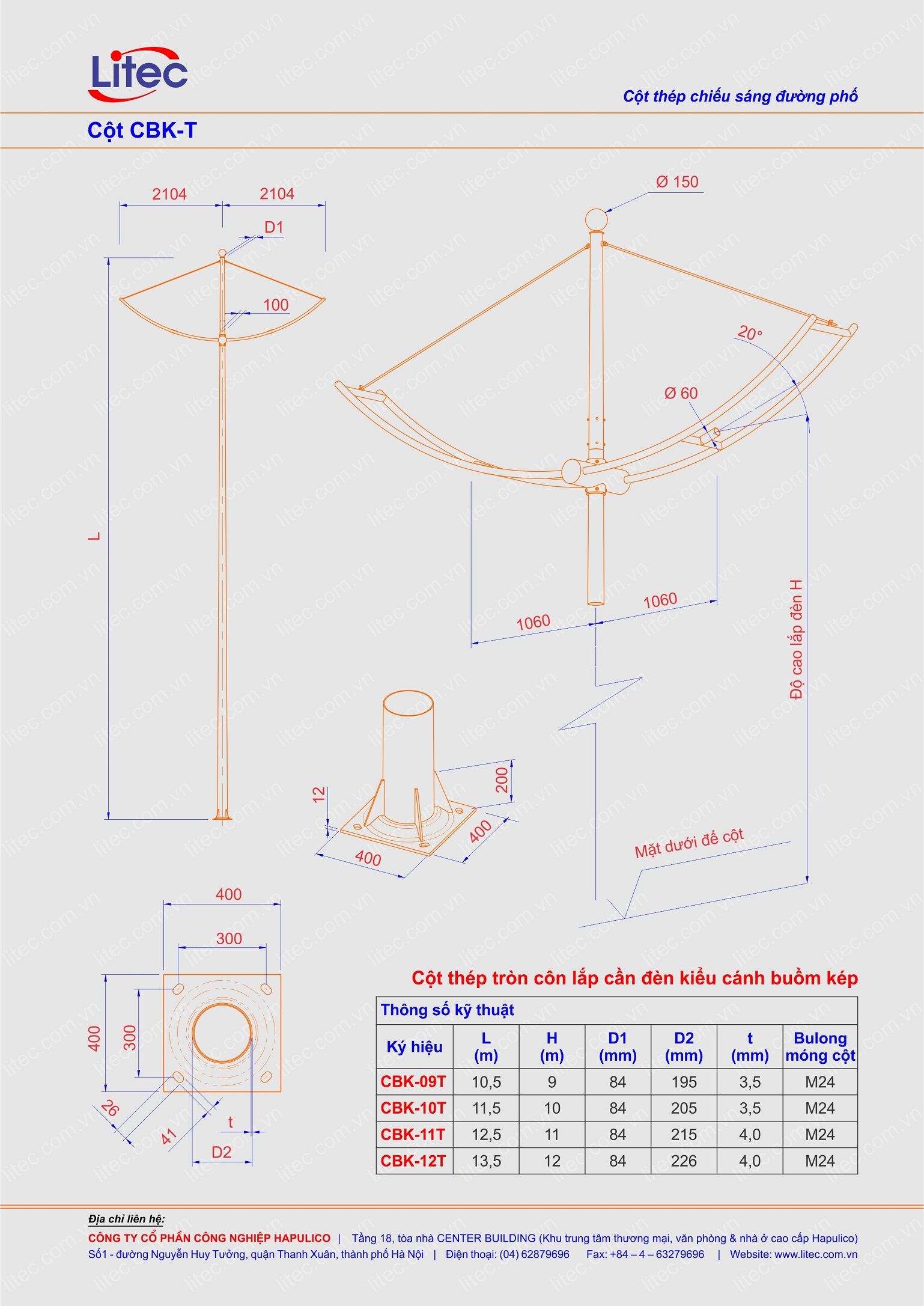 Round conical lighting pole with detachable double outreach arms